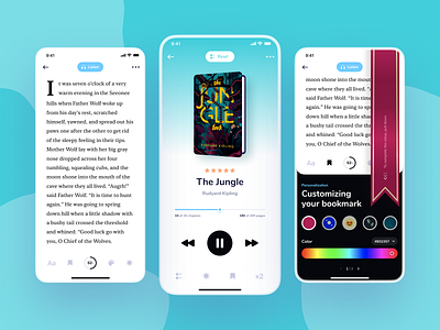 Mobile book app book bookmark custom customizing design listen progress read reader ui