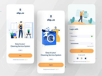 Home Service App I Ofspace branding cleaning service colorful home service home services illustration logo minimalistic mobile mobile app on demand app onboarding ui repair service