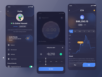 Crypto Wallet App - Ofspace app btc coin crypto crypto wallet cryptocurrency dark ui experience design finance futuristic ui interaction ios ios app mobile money money management uiux ux wallet wallet app
