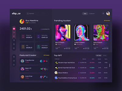 NFT Webapp btc crypto crypto app cryptocurrency dark dark ui design digital art ethereum futuristic nft nft token ofspace ui user interface ux web application webapp