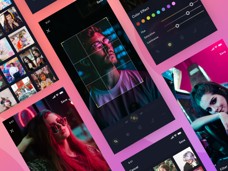 Photo Editor Dark Version - iOS App 2018 trends app color chart colourful dark theme dark version design ios ios app iphonex photo album photo app photo background photo edit photo editing photo editor photo effect ui ui kit ux