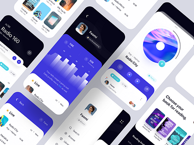 Mega E-book and Broadcast iOS UI Kit broadcast chart e book figma graph menu music navigation playlist profile sketch ui kit