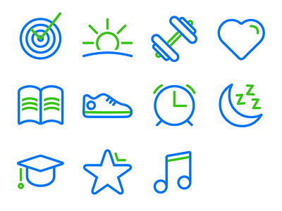 Outline icons alarm book gym heart learning moon morning music read sneaker star target