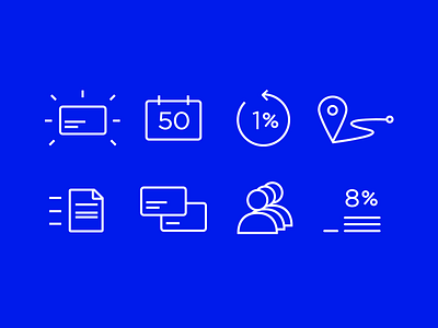 Outlined icons for svrbank.ru blue bright calendar card cashback document map people percent rate users