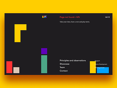 Tetris on 404 page bright colors easter egg game logotype polymorph shadow site studio tetris web