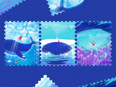 Whales animal blue coral design illustration stamps