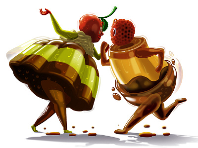 Pudding character characterdesign cherry couple dancing dessert food pudding strawberry