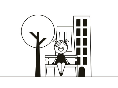 Central Park bench bw city girl illustration tree vector