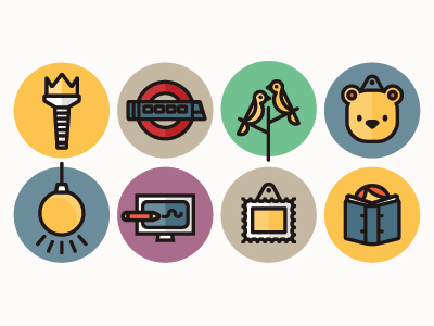 More website icons bear birds book colours computer frame icons illustration lightbulb stamp torch train trees underground vector