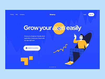 Growvy – Landing Page Interaction Animation after effects animation branding card clean crypto features illustration interaction design investment app layout motion graphics principle prototype stock ui uiux web design webflow website design