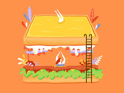 Swim in a hamburger art colors diving hamburger illustration poster