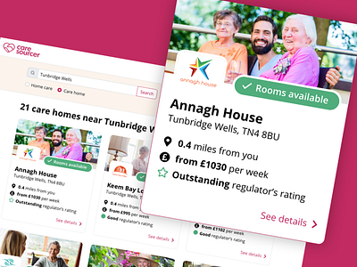 Search for care homes online care marketplace pink product design search search results ux