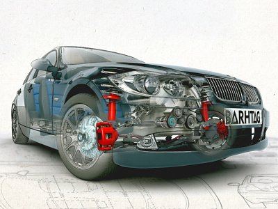 Car Cutaway 3d automobile blueprint car cutaway illustration perspective render seethrough technical