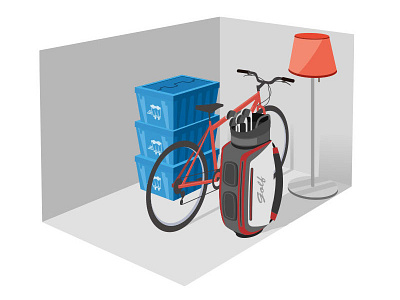 Small closet storage bike bin closet drawing golf illustration lamp pespective room storage vector