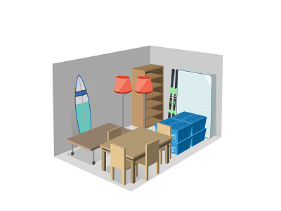 Room storage bin closet drawing illustration lamp pespective room skiing surf vector