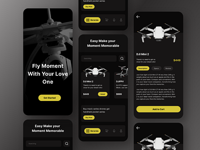 Momento - Store Drone App dark mode design dji drone fly layout design app mobile moment online product design store ui uidesign ux