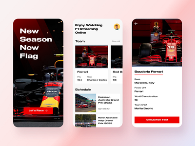 Carreras - F1 Streaming App android car clean f1 ios light mode mobile modern new season online product design red streaming style ui uidesign ux