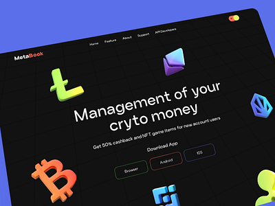 MetaBook - Hero Crypto Wallet Landing Page Dark Mode