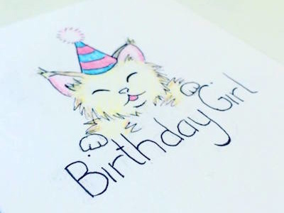 Birthday Girl birthday card cat hat illustration party