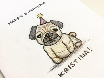 She loves pugs birthday card illustration