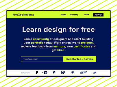 Free Design Camp Concept bold branding bright concept course cta design design camp designer education figma hero hero section home page landing page neon ui user interface ux visual design