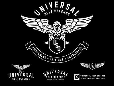 Brand Set - Universal Self Defense american badge badge logo blackandwhite branding circle crest eagle fight gym mma pin set slogan tagline vintage wings