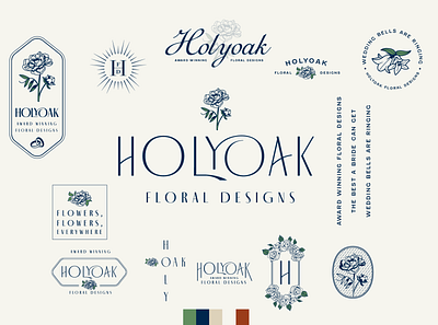 Holyoak Floral Designs Brand Sheet badge blue blue and white brand sheet collage florist flower flower logo french green ligature logo suite peony set typography vintage vintage badge wedding wordmark