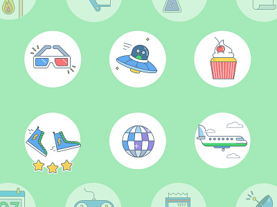 Badges Redesign - Part 1 alien badges cupcake disco iadvize illustration plane shoes vector illustration