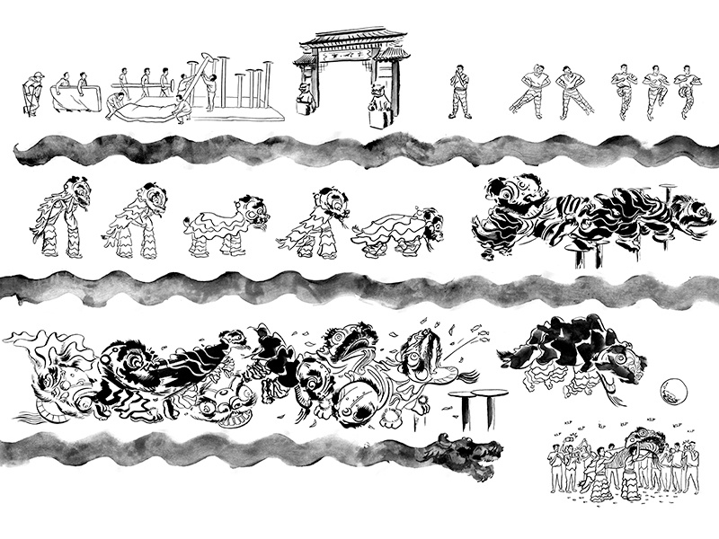Lion Dancers 4a Centre For Contemporary Asian Art drawing martial arts dragon ink brush illustration chinese new year lion dancers