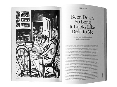 Been Down So Long It Looks Like Debt to Me, The Baffler Magazine brush editorial illustration ink