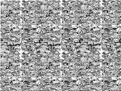 endlessly repeating pattern of refugee camps brush illustration ink pattern