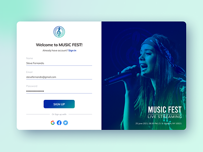 Sign Up Page - Music Fest app clean create account forgot password form login login page login screen minimal music on boarding pagination register sign in sign in page sign up sign up page web website welcome page