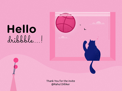 Hello dribbble cat character concept design dribbble hello dribbble hellodribbble home illustration invitation invite minimal thank you for the invite thanks vector window