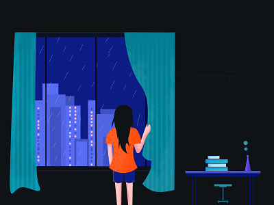 Stay Home character design girl home house illustration night rain stay at home stay home