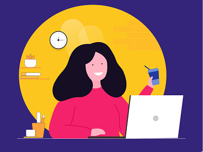 working women character design illustration laptop pink girl stay home work from home working working women