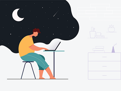 Night Out character design home house illustration laptop man man working moon night night out stars stay home system working