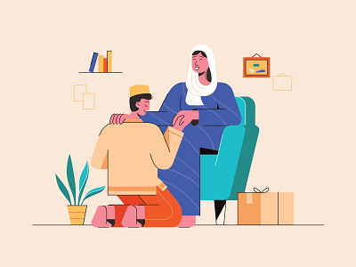 Ramadhan Illustration ✨ chair family flat furniture hijab homecoming illustration muslim parents plant ramadhan room vector