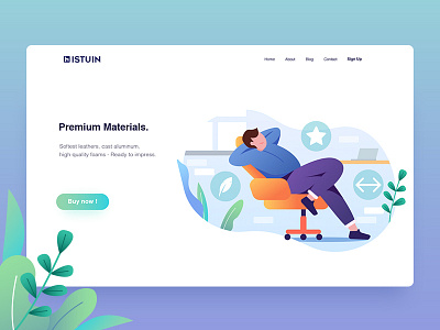 Premium Materials - Header Exploration. blue chair flat furniture header home illustration landingpage office plant