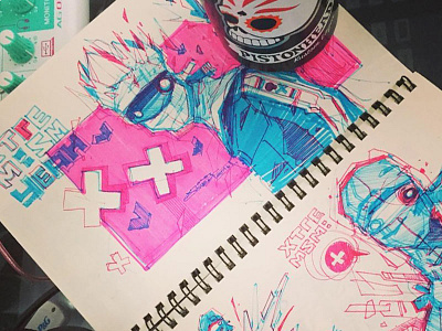 Sketch artist blue drawing freehand marker paper pen pink sketchbook studio