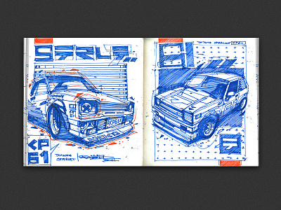 Toyota Starlet automotive cars drawing freehand illustration japan retro sketch vintage