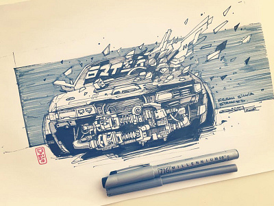 Nissan Silvia cars comics drawing illustration mech retro sketch vintage