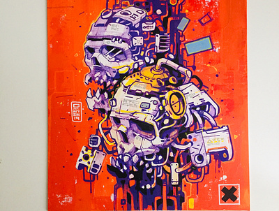 Hardware Twins canvas cyberpunk future futuristic paint painting robots skulls