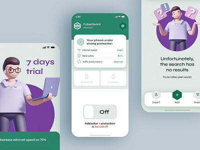 Adblock CyberGuard 3d art adblock app adblock application adblocker app app design app designer application bright green and white interaction interface ios ios app design mobile app design mobile ui ux ux ui white