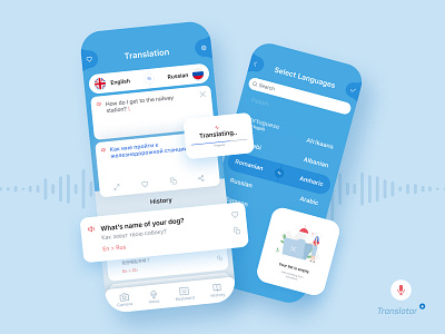Translator + app app design blue bright mobile mobile interface ui ux ux ui voice translator white
