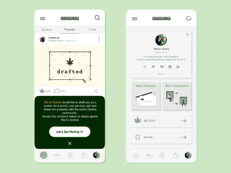 Doobie || Dribble Inspired Invite trend ui design minimalism popular notification drafted profile page app screen skeuomorphic skeuomorphism doobie firstshot debut debut shot design illustration app ux ui