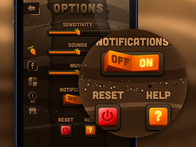 DigDat Options app brown buttons carrot digdat dirt ios options pause switch zoom
