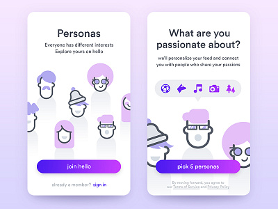 Onboarding Screens faces heads illustration intro launch onboarding persona purple tutorial ui
