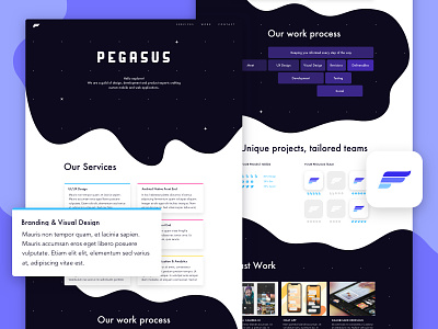 Pegasus Landing brand feathers logo mark organic pegasus purple space website wings