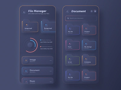 Skeuomorph File Manager App | Dark Mode app design app ui dropbox file file explorer file manager file manager app file upload folder google design google drive ios app design minimal skeuomorph trendy ui design user experience