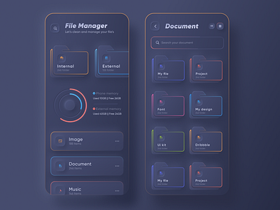 Skeuomorph File Manager App | Dark Mode app design app ui dropbox file file explorer file manager file manager app file upload folder google design google drive ios app design minimal skeuomorph trendy ui design user experience